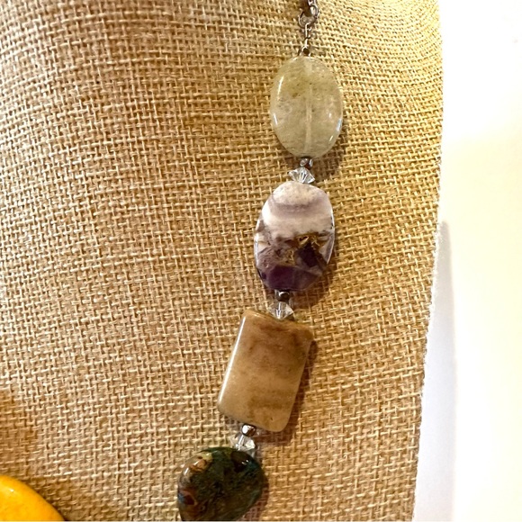 Multi Gemstone Genuine Collar Necklace in tans, browns, blue, yellow, pink - Picture 8 of 12